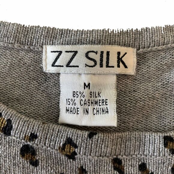 ZZ Silk Medium Sweater Cashmere Blend Animal Print Short Sleeve Black Gray - Picture 2 of 4